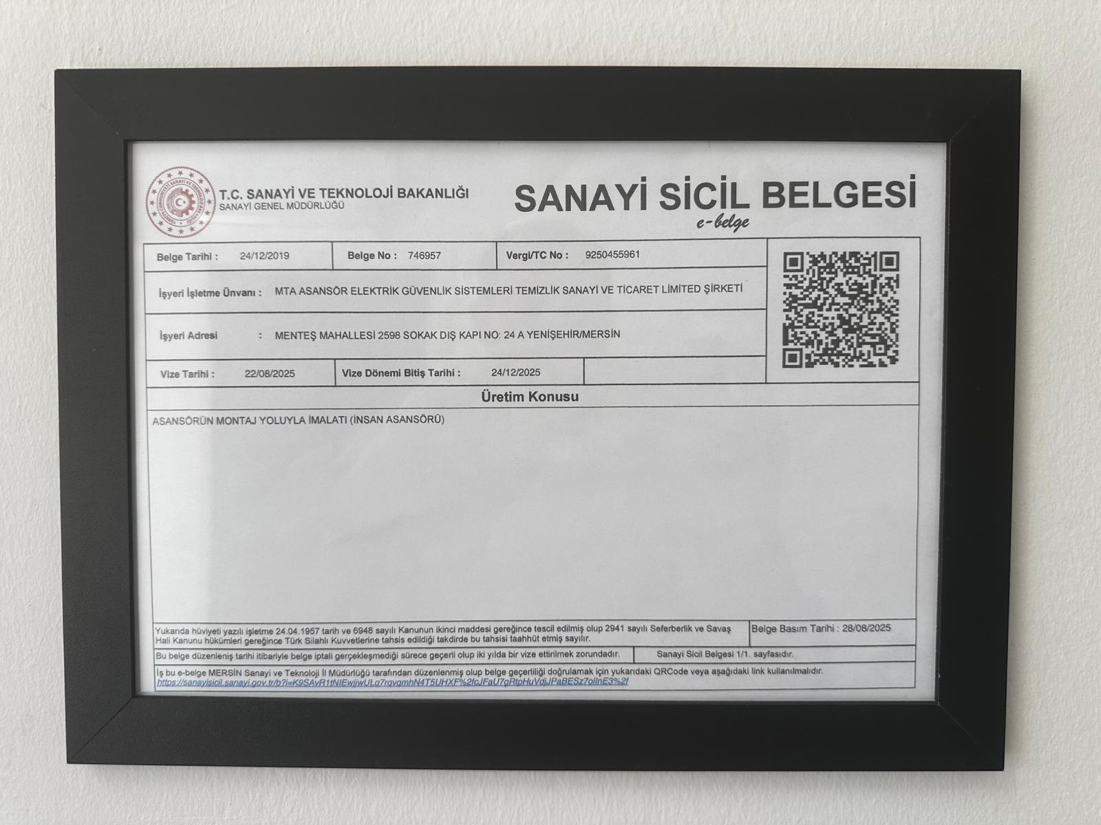 SANAYİ SİCİL BELGESİ